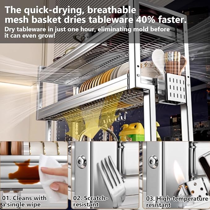 Kitchen Sink Rack Sink Above The Dish Drain Dish Washing Rack Stainless Steel Multifunctional Dish Storage Rack,Over The Sink Drying Rack for Dishes(2,95cm/37.4in)