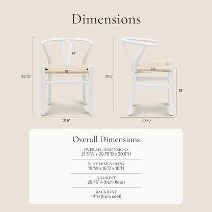 POLY & BARK Weave Dining Chair – Mid-Century Modern Wishbone Dining Chair with Arms, Solid Wood Frame, Indoor Use – White – Single - Ideal for Dining Room, Kitchen or Stylish Accent Setting