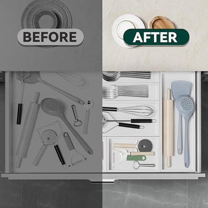 Bamboo Drawer Organizer, Small Silverware Organizer for Kitchen Drawer, Stackable Utensil Organizer, 2 Pcs Flatware Organizer Wooden Storage Box Tray (White, 6 X 3 X 2 Inch)