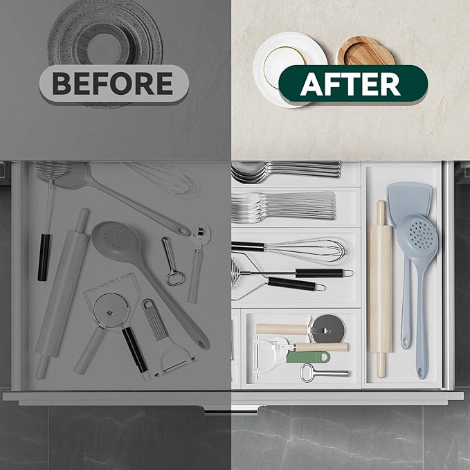 Utensil Organizer Silverware Drawer Organizer - Set of 2, Stackable Kitchen Organization, Bamboo Storage Box Tray for Kitchen Gadgets Bathroom Countertop (White)