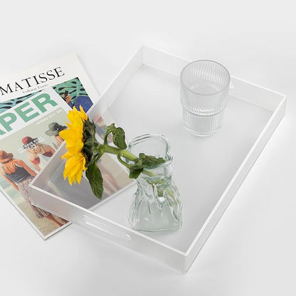 Large Acrylic Serving Tray Decorative Ottoman Coffee Table Vanity Tray Tea Fruit Platter Snack Appetizer Dessert Drink with Handles for Bar Kitchen Party, Frosted