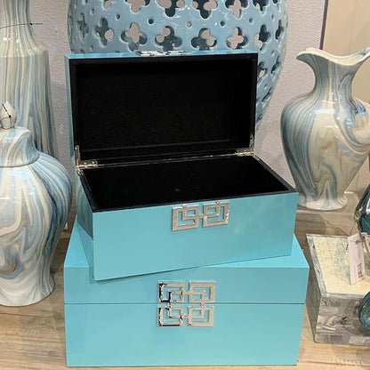 Galt International Large & Small Decorative Storage Box w/Hinged Lid - Classic Design Wood Decor Boxes with Geometric Opening Clasp - Storage for Bedroom and Home - Set of 2 (Blue)