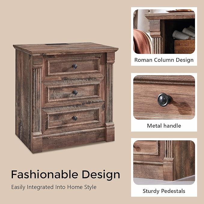 26" Tall Farmhouse Nightstand, 3 Drawers End Table w/Charging Station, 23.6" Wide Large Side Table w/Roman Column, Wood Rustic Sofa Table for Bedroom, Light Brown