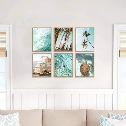 Laywhq Coastal Beach Wall Art Summer Ocean Surf Tropical Canvas Wall Decor Summer Nautical Palm Tree Turtle Surfboard Bus Room Paintings Prints Posters for Bedroom Living Room Set of 6 8x10in Unframed