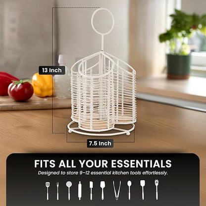 360° Rotating Kitchen Utensil Holder- 3 Compartment Organizer with Cork Bottom | Includes Premium 9-Piece Acacia Wood Utensil Set | Professional Luxury Design | Metal Utensil Crock (Matte white)