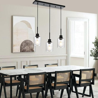 Modern 3-Light Pendant Island Light Fixture Black Ceiling Hanging Lights with Clear Seeded Glass and Adjustable Cord,Industrial Pendant Lighting for Kitchen Living Room Dining Room Foyer