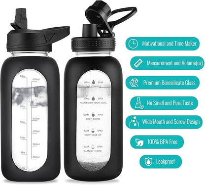 32 oz Glass Water Bottle with Straw and Handle, Sports Motivational Water Flask with Silicone Sleeve, Large Leakproof Water Flask Cup with Time Marker for Travel, Gym, Beige