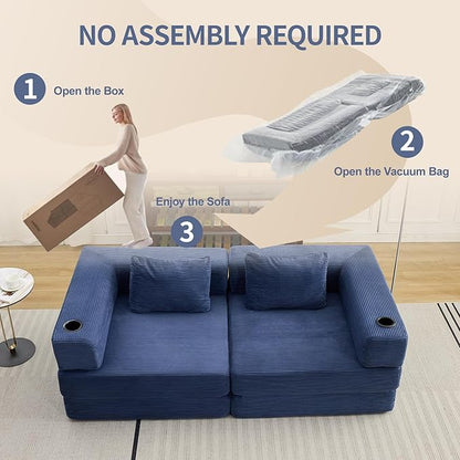 78" W Loveseat Sofa, 4 in 1 Convertible Floor Sofa Bed, Boneless Cloud Couch with Cup Holder, Fold Out Floor Couch, Loveseat Recliner Sleeper for Living Room Bedroom Lounge(Corduroy, White)