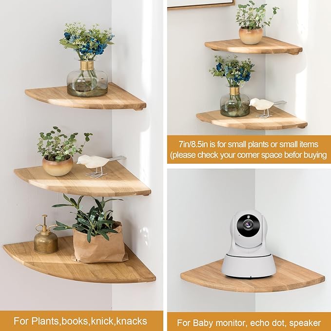Corner Shelf,16inch Natural Oak Solid Wood Floating Corner Shelves Wall Mount Round End Floating Speaker Rack with Wire Hole for Small Plant for Bedroom Kitchen, Living Room