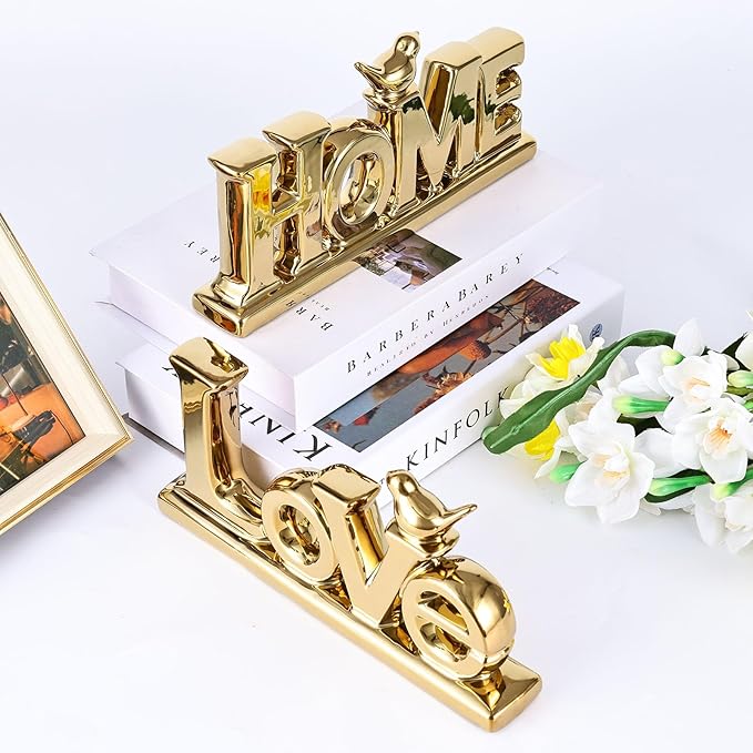 Gold Love Sign Statue - Personalized Home Decor, Bird Sculpture for Living Room, Bedroom, Desktop & Cabinets