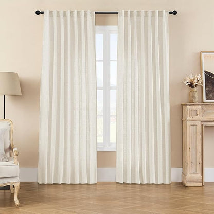 Joydeco Linen Curtains 2 Panel Set - Light Filtering, Ivory on Linen, 96 Inch for Living Room, Cream Drapes With Rod Pocket Back Tab (96" L x 37" W)
