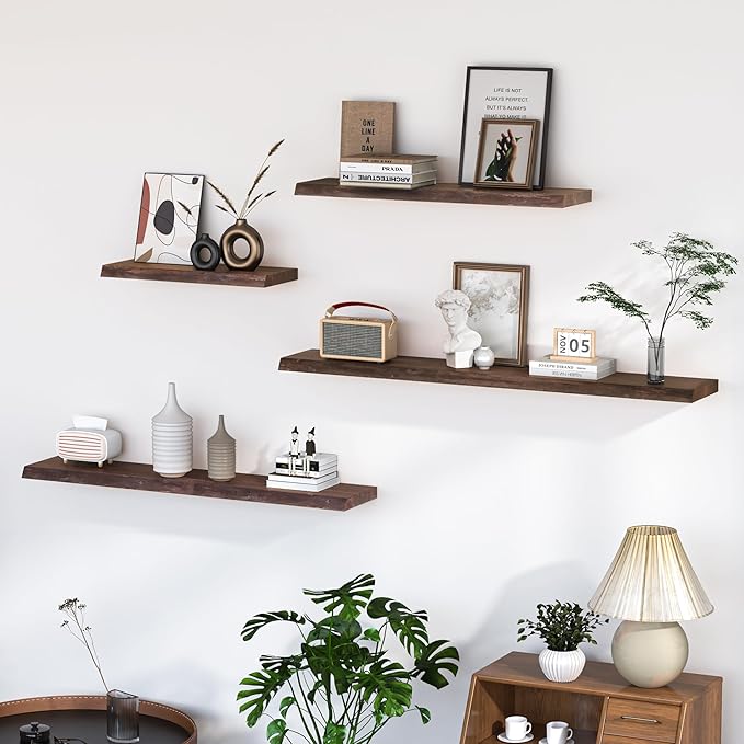 Floating Shelves for Wall, 36"x9.3" Rustic Solid Live-Edge Elm Wood Wall Shelves, Heavy-Duty Floating Shelves with Invisible Brackets, Set of 2 for Living Room, Bedroom, and Kitchen, Walnut Finish