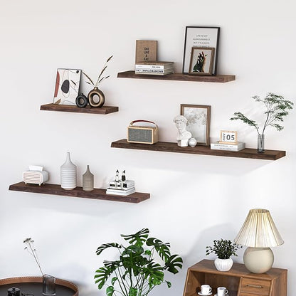Floating Shelves for Wall, 36"x9.3" Rustic Solid Live-Edge Elm Wood Wall Shelves, Heavy-Duty Floating Shelves with Invisible Brackets, Set of 2 for Living Room, Bedroom, and Kitchen, Walnut Finish