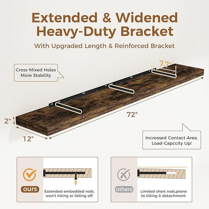 Fun Memories 72 Inch Floating Shelf, 12 Inch Deep Wall Shelf for Fireplace Mantel, Deep Storage Shelves for Home & Office, Wall Shelves with Invisible Bracket, Rustic Brown, Set of 1