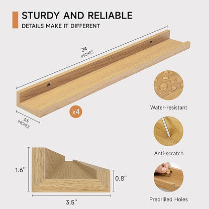 Picture Ledge Shelf for Wall, Floating Shelves Set of 4, 24 Inch Long Nursery Book Shelves for Toys Storage, Kids Bookshelf Wall Mounted for Books Photo Frames, Oak