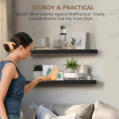 Solid Wood Floating Shelves Set of 2 - Natural, Warp & Crack Resistant 17.72 Inch Wall Shelf with Invisible Brackets Thicker, More Durable for Bathroom, Bedroom, Kitchen, Living Room (Black, 17.72)