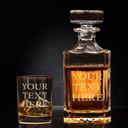 Gifts Inscribed Custom Text Whiskey Decanter & Glasses Set of 2 – Engraved Glass Cups Drinking Glasses Set of 2 – Personalized Whiskey Glasses Drinking Set – Customized Whisky Glassware Gift for Him