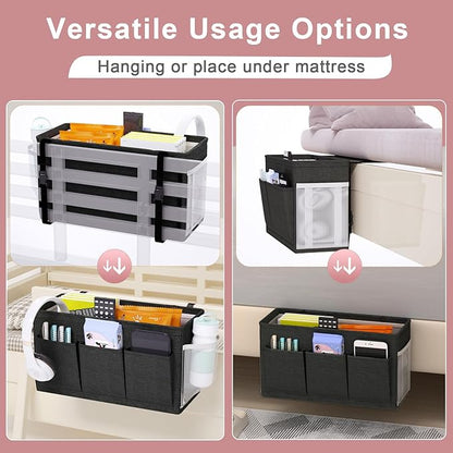 Dual-purpose Bedside Caddy Bedside Organizer, Bed Caddy with 6 Pockets, Versatile Bedside Storage Solution Magazine Remotes holder, ideal for Home, Dorm, Hospital, Crib Bed (Black 2 pcs)