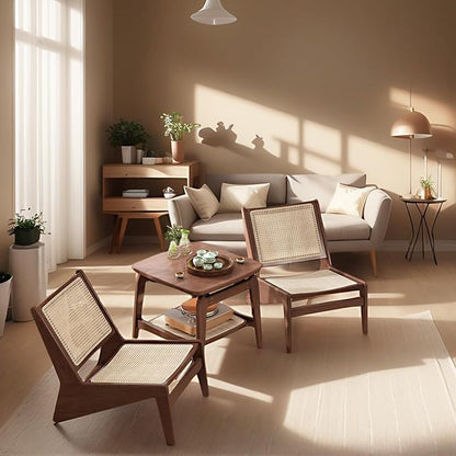 Rattan Chair 2Pcs, Mid-Century Accent Chair, Rattan Lounge Chair for Living Room, Boho Side Corner Comfy Chair for Bedroom and Balcony, Walnut