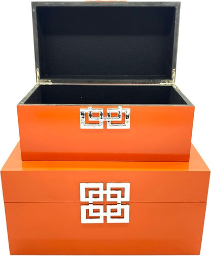 Galt International Storage Boxes - Large & Small Decorative Storage Box w/Hinged Lid - Classic Design Wood Decor Boxes with Geometric Opening Clasp - Home & Office Storage - Set of 2 (Orange)