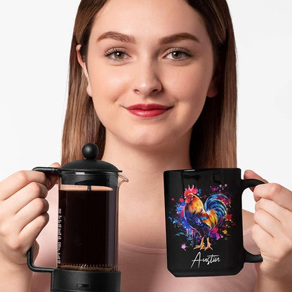 Customized Name Rooster Coffee Mug - Gift for Men Women, Personalized Black Cup, Unique Chicken Ceramic 11oz 15oz, Funny Colorful Themed