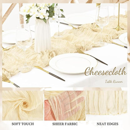 10FT 20 Pack Beige Cheesecloth Table Runner 20 x 120 Inch Long Rustic Gauze Fabric Cheese Cloth Table Runner for Wedding Bridal Baby Shower Table Decorations Boho Sheer Birthday Party Table Decor