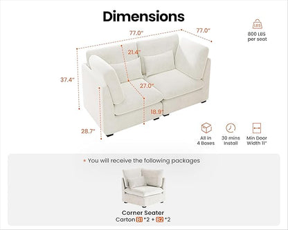 Oversized Modular Sofa, Extra Deep Cloud Chenille Sectional Couch with Ottoman Chaise, Fluffy Chenille 2 Seater Sofa Bed for Living Room, Villa (Loveseat Sofa, Chenille White)
