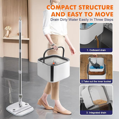 Upgraded Self-Standing Spin Mop and Bucket System, Detachable Inner Mop Bucket That Separates Dirty Water & 90° Foldable Head, Triple-Scrubbing System, for Hardwood Floors - White with 2 Pads