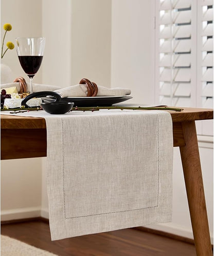 Solino Home Linen Light Natural Table Runner 60 Inches - Classic Hemstitch, 100% Pure Linen Coffee Table Runner 14 x 60 Inch Ideal for Dresser Tables - Fall, Autumn, Halloween, Thanksgiving