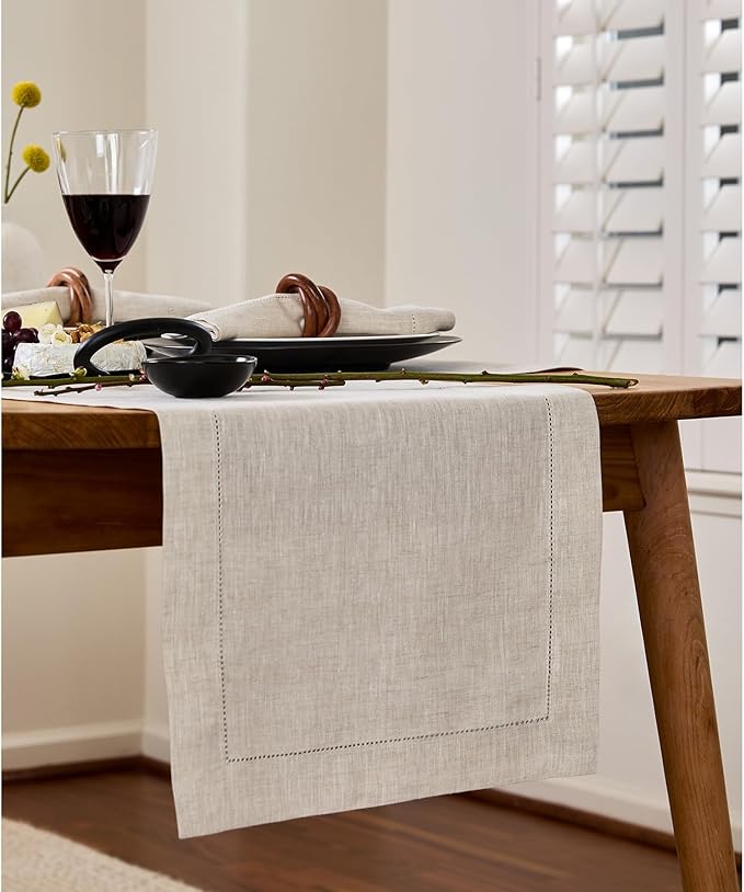 Solino Home Linen Light Natural Table Runner 48 Inches - Classic Hemstitch, 100% Pure Linen Coffee Table Runner 14 x 48 Inch Ideal for Dresser Tables - Fall, Autumn, Halloween, Thanksgiving
