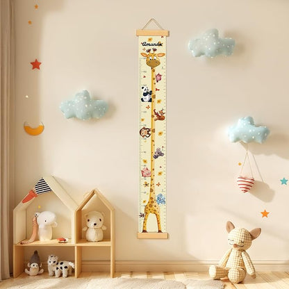Personalized Name Growth Chart Wall Decor for Kids – Canvas Removable Height Chart Measuring Ruler 59" x 7.9" (Giraffes)