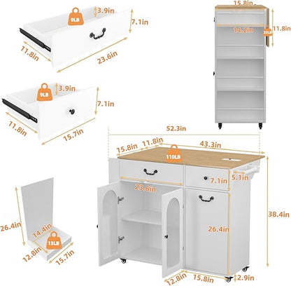 Kitchen Island with Drop Leaf & Power Outlet, Rolling Kitchen Island on Wheels with Trash Can Storage, Island Table Bar Cart with Spice Rack, Towel Rack, Drawers, Mobile Kitchen Carts on Wheels
