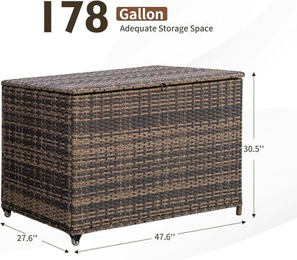 178 Gallon Outdoor Storage Box, Handle Large Portable Wicker Rattan Deck Box for Patio Furniture Cushions, Patio Deck Box with 2 WheelsThrow Pillows, Garden Tools and Pool Floats (Brown)