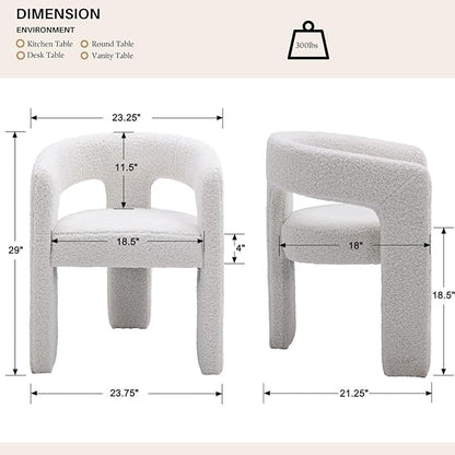 White Boucle Dining Chairs Set of 2, Modern Barrel Dining Room Chairs Upholstered Faux Fur Accent Chair with Arms and Round Back for Living Room Kitchen Armchair No Assembly Needed