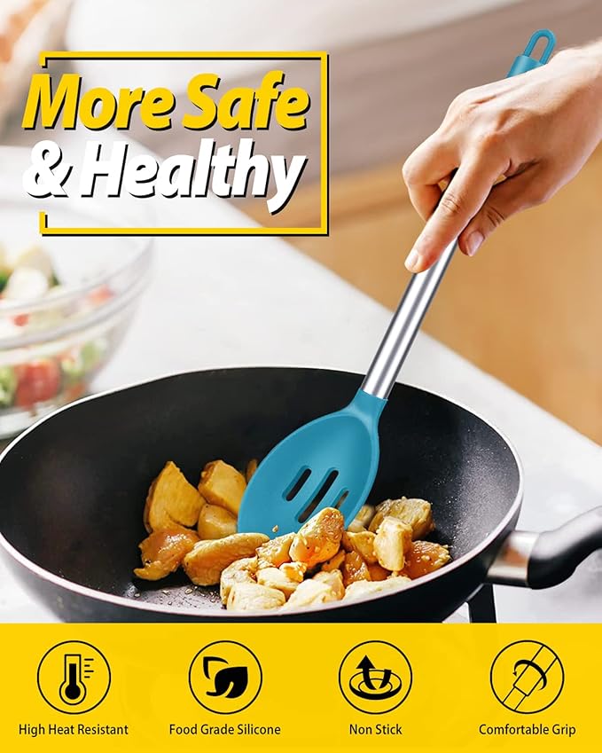 Pack of 2 Large Silicone Cooking Spoons,Non Stick Solid Basting Spoon,Heat-Resistant Kitchen Utensils for Mixing,Serving,Draining,Stirring (BLUE)