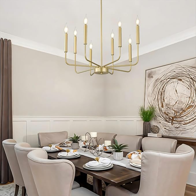 Modern Gold Farmhouse Chandeliers, 8-Light Industrial Metal Chandelier Lighting, Classic Candle Hanging Pendant Light Fixtures for Kitchen Bedroom, Dining Room, Living Room,Foyer