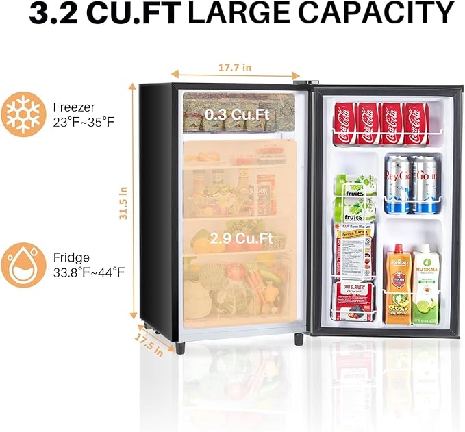Upgraded Mini Fridge with Freezer 3.2 Cu.Ft Compact Dorm Refrigerator Small Cooler for Bedroom Office, Single Door Adjustable Thermostat Low Noise, 17.5" D x 17.7" W x 31.5" H, Black