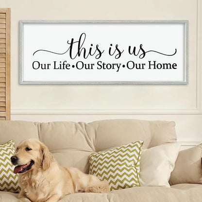 LuZhiQiang This Is Us Sign Wall Decor 40"×15" for Bedroom Family Sign Large Framed Wooden Wall Hanging Art (White)