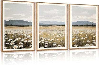 HPNIUB Flowers Wall Art Canvas White Daisy Floral Painting, Rustic Field Landscape Picture, Modern Framed Artwork for Living Room Bedroom Bathroom Dinning Room Office Home Decor Gifts-16 x24 x3