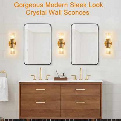 Gold Crystal Wall Sconces Set of Two, Wall Sconce Set of 2, Brass Sconces Wall Lighting with K9 Crystal Lampshade, Wall Lights for Bedroom Living Room Bathroom Hallway