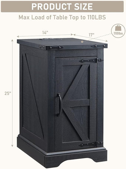 JXQTLINGMU Nightstand with Charging Station, Rectangular Farmhouse End Table with Barn Door and Adjustable Storage Shelf, 17" Deep Wood Rustic Sofa Side Table for Living Room, Bedroom, Black