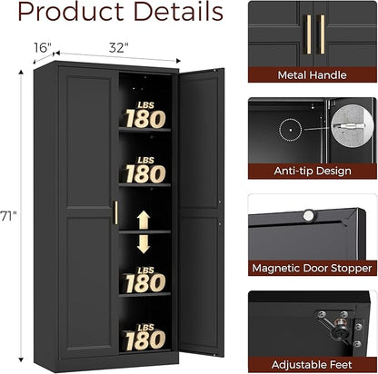 71" Tall Metal Pantry Cabinet, Black Kitchen Pantry Storage Cabinet with 4 Adjustable Shelves and Gold Handles, Cupboard for Kitchen, Dining Room, Living Room, Bathroom