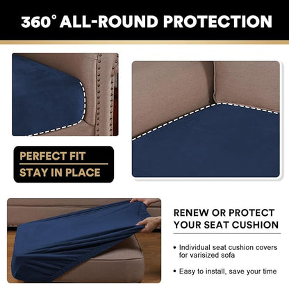 PrinceDeco Velvet Couch Cushion Covers 3 Pieces Velvet Separate Couch Cover Stretch Sofa Slipcover Washable Furniture Protector for Sectional Sofa(Each Width Up to 40", Navy)