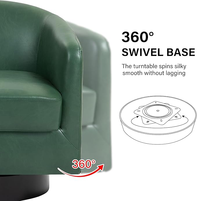 Swivel Barrel Accent Chair, Modern Round Faux Leather Arm Chair for Living Room, Bedroom, Comfy Club Reading Chairs for Adults(Faux Leather, Green, Set of 4)