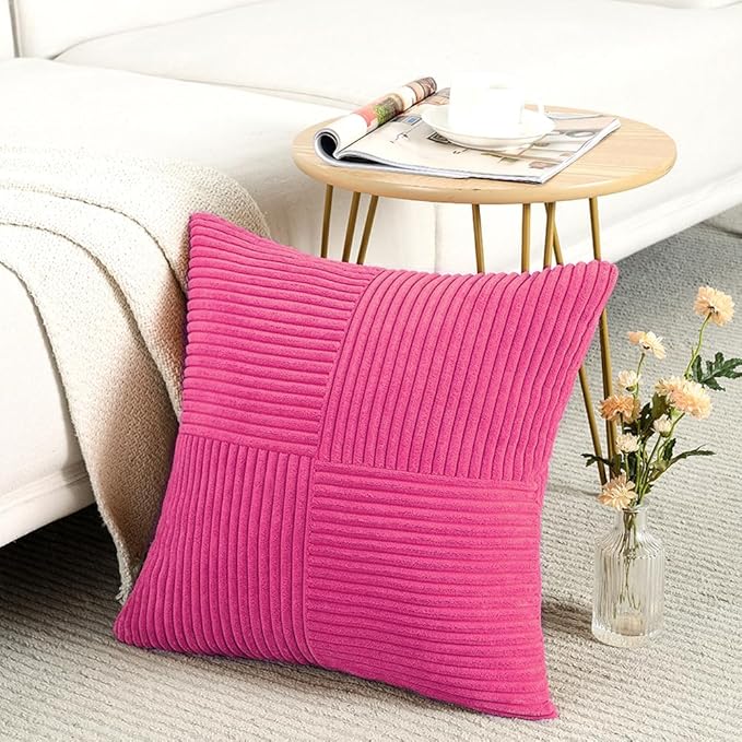 Fancy Homi 2 Packs Hot Pink Decorative Throw Pillow Covers 16x16 Inch for Living Room Couch Bed Sofa, Rustic Farmhouse Boho Home Decor, Soft Corss Patchwork Corduroy Textured Cushion Case 40x40 cm