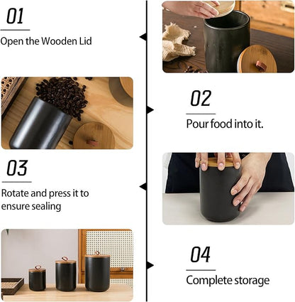 Black Canister Sets for Kitchen, 3pcs Ceramic Canisters with Airtight Wooden Lid, Food Storage Jar, Large Kitchen Storage Containers for Serving Coffee Beans, Tea, Sugar, Salt, Spices