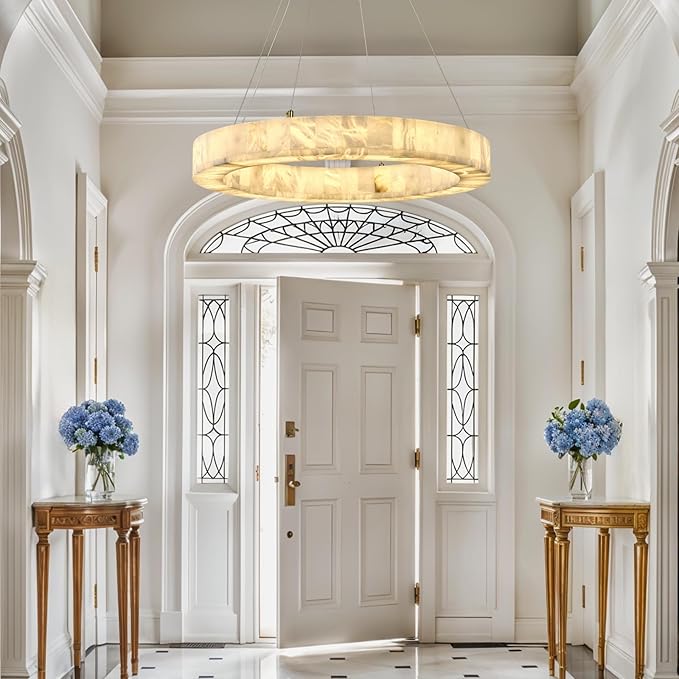 Alabaster Round Chandelier, D30in Modern Marble Dining Room Chandeliers, White Foyer Chandelier for Dining Room Light Fixture, Living Room, Bedroom Lights, Foyer, Kitchen