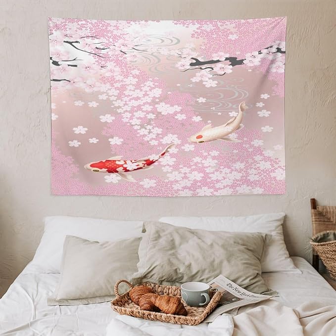 Houselerax Japanese Koi Fish Tapestry, Cherry Blossoms Asian Oriental Pink Flower Branch Koi Fish Carp Tapestries Wall Hanging for Bedroom Living Room Office Decor 40"x30"