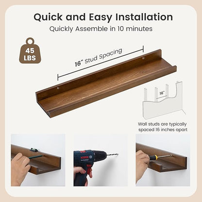 Picture Ledge Wall Shelves 24 inches Width Set of 3, Solid Pine Wood Rustic Floating Ledge Shelves for Wall for Kids' Room Bedroom Kitchen Bathroom Living Room Nursery Display Wall Decor, Walnut
