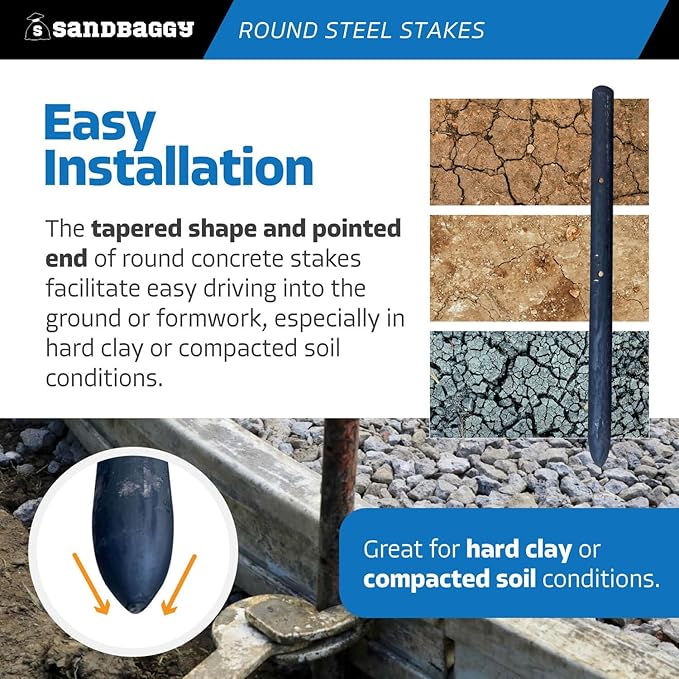 Sandbaggy Round Steel Concrete Form Stakes with Nail Holes - Rust Resistant Coating - Removable, Reusable (40, 3/4 in X 12 in)
